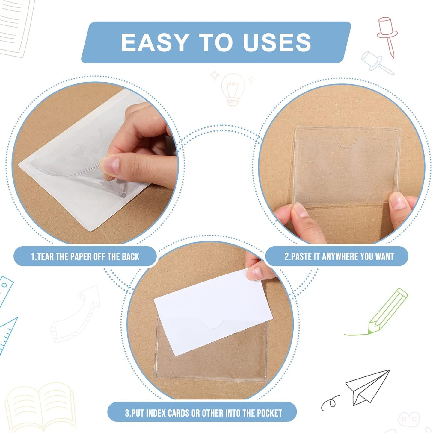 Chinco 50 Pack Clear Adhesive Pockets, Labels for Storage Bins, Plastic Self Adhesive Index Card Holder with Top Open for Organizing Bins Box Drawer(2.5 x 4.06 Inches)