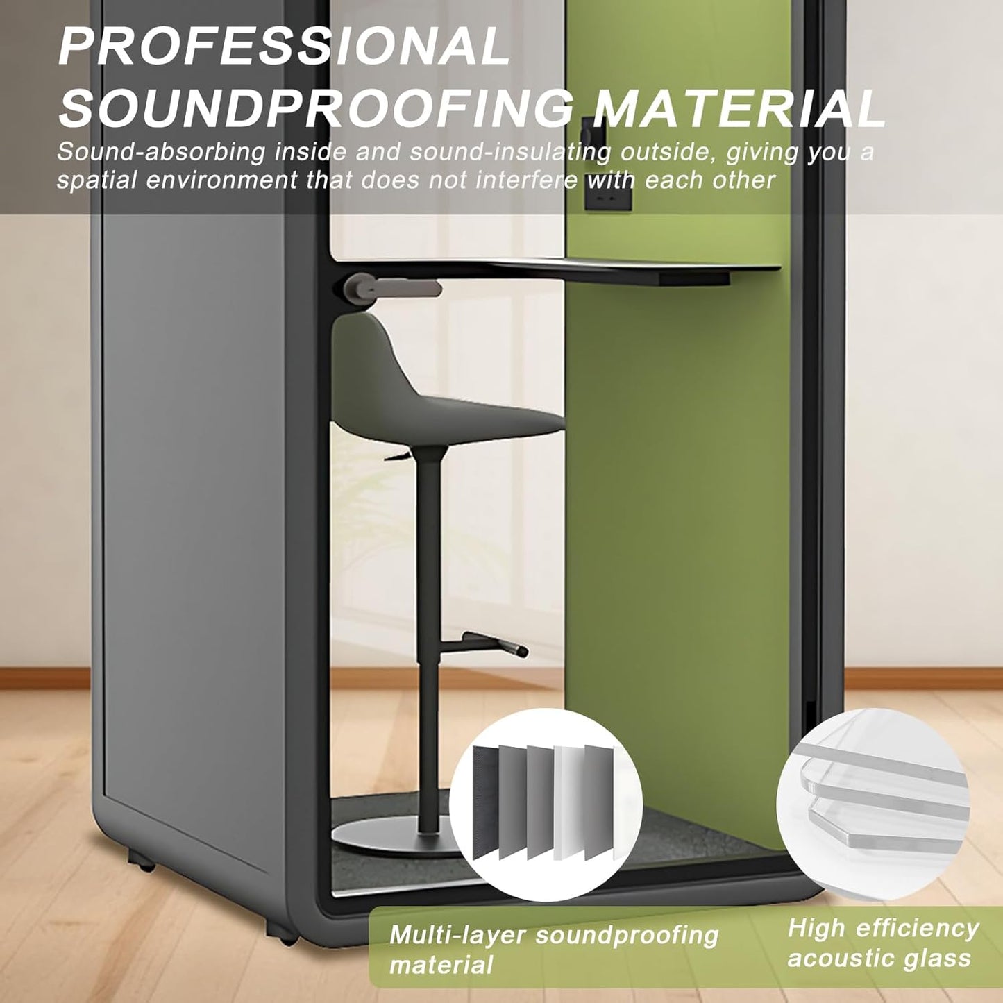 Office Sound Booth with Audio Privacy - Portable Soundproof Pod with Gray & Green Design,Phone Pod with Light,Ventilation,Socket for Phone,Singing,Work