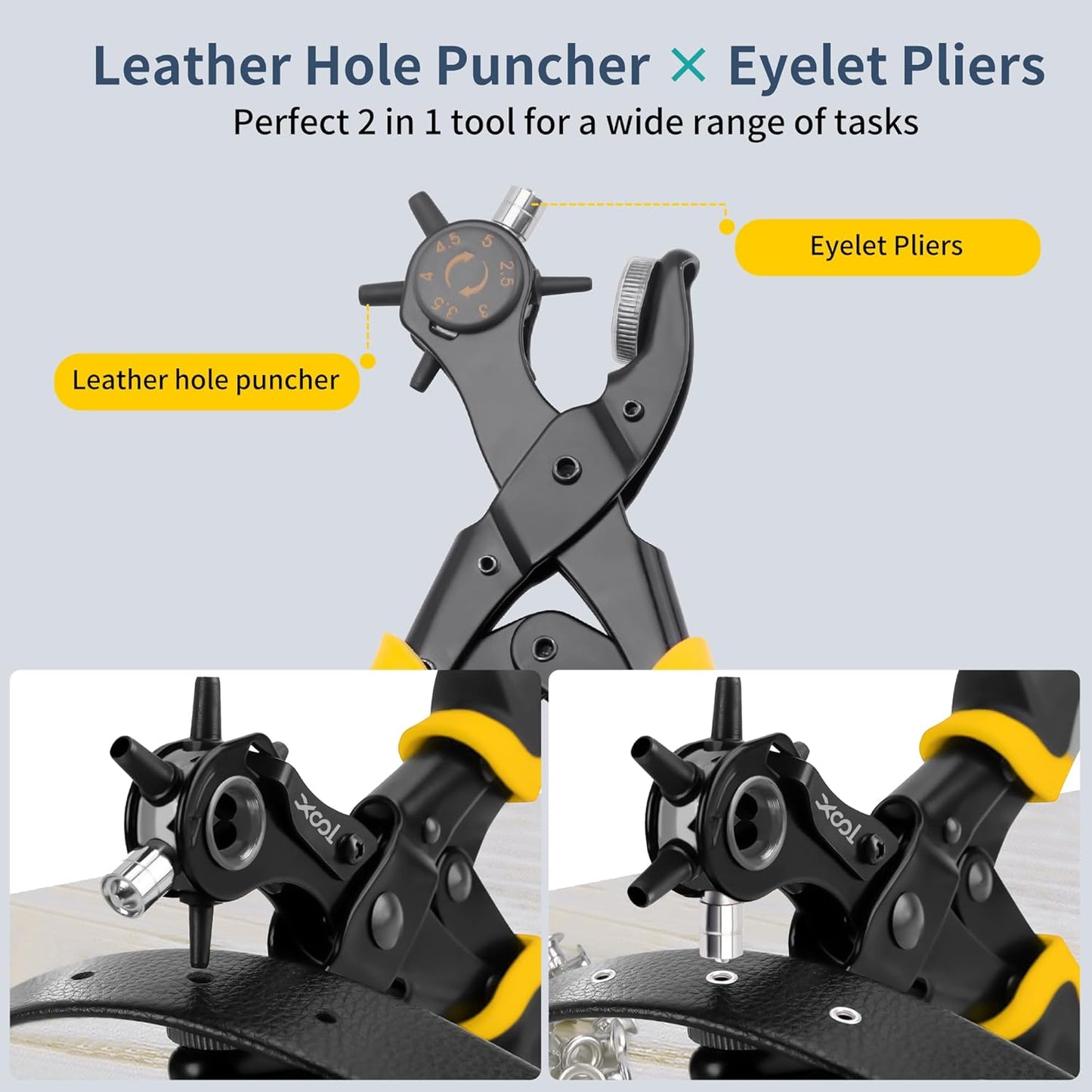 XOOL 2 in 1 Leather Hole Punch Eyelet Tool Kit, 3/16" 4.5mm Metal Eyelets for Fabric, Hole Puncher, Eyelet Pliers for Shoes Leather Clothes Belt