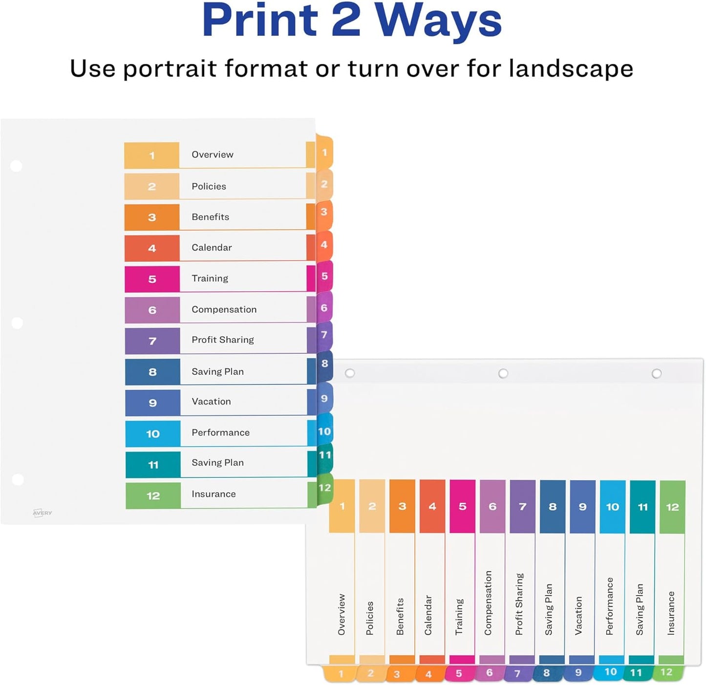 Avery Dividers for 3 Ring Binders, 12 Tabs per Set, Customizable Table of Contents, Multicolor Tabs, Great for Organizing Reports, Projects, and More (3 Sets of 11073)