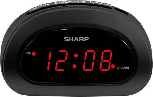 Sharp Small, Space-Saving Digital Alarm Clock – Compact Bedside Clock with Large Red LED Display, Easy Top Button Controls, Snooze, and Battery Backup – Perfect for Bedroom, Dorm, or Travel