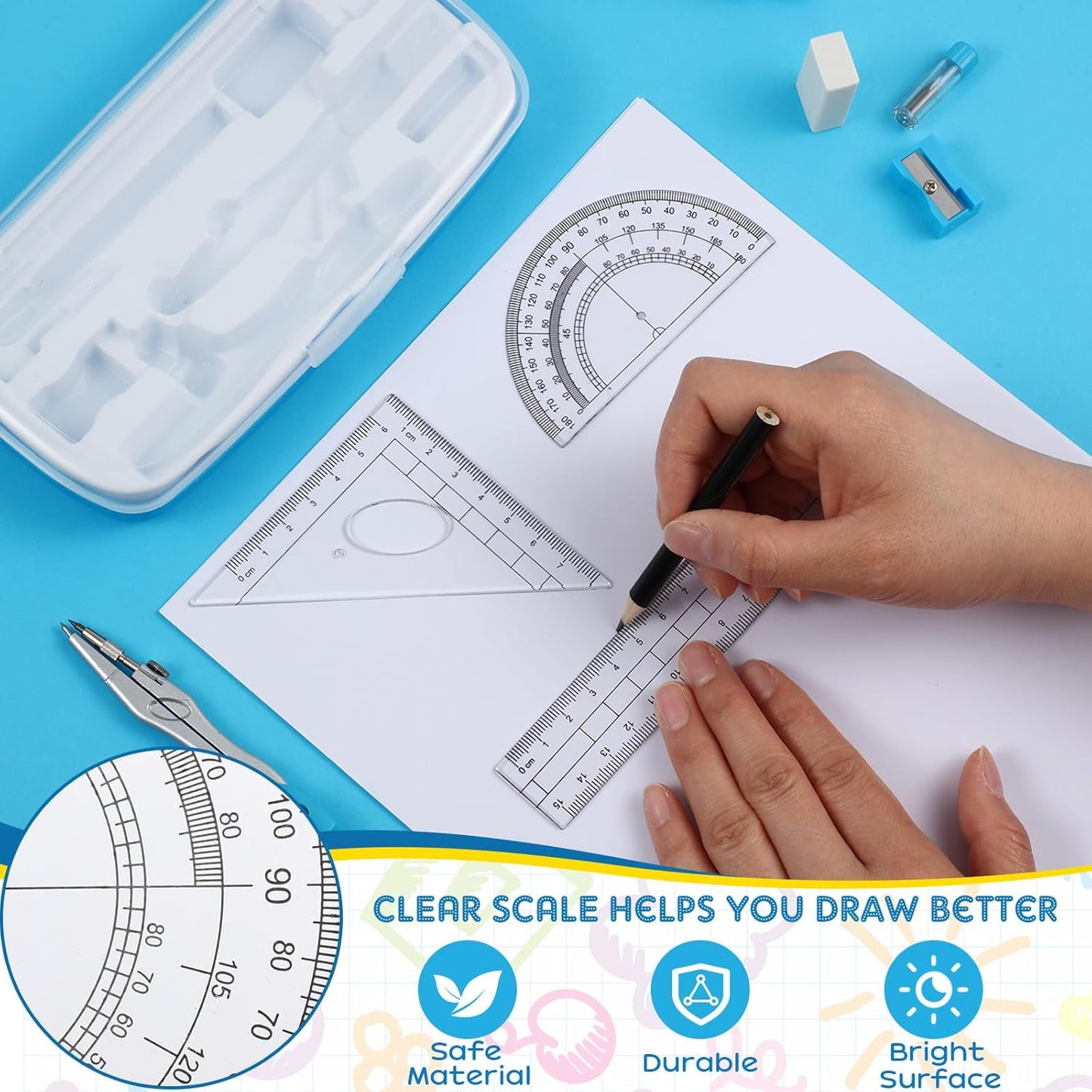 Teling 12 Sets Math Geometry Kit for Students 10 Pcs Compass Geometry Tools Set Includes Rulers Protractor Compass Eraser Pencil Sharpener Lead Refills Pencil (Blue)