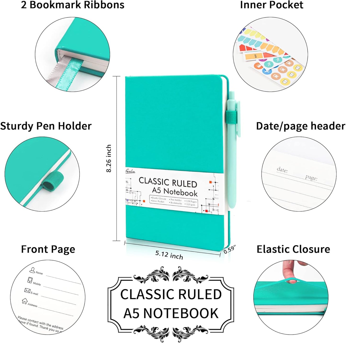 feela 24 Pack Journal Notebook Bulk for Work, Business Notebook Hardcover Lined Writing Journal with Pen Holder for Students Women Note Taking, with 24 Black Pens, 120 GSM, 5.1”x8.3”, A5, Solid Colors