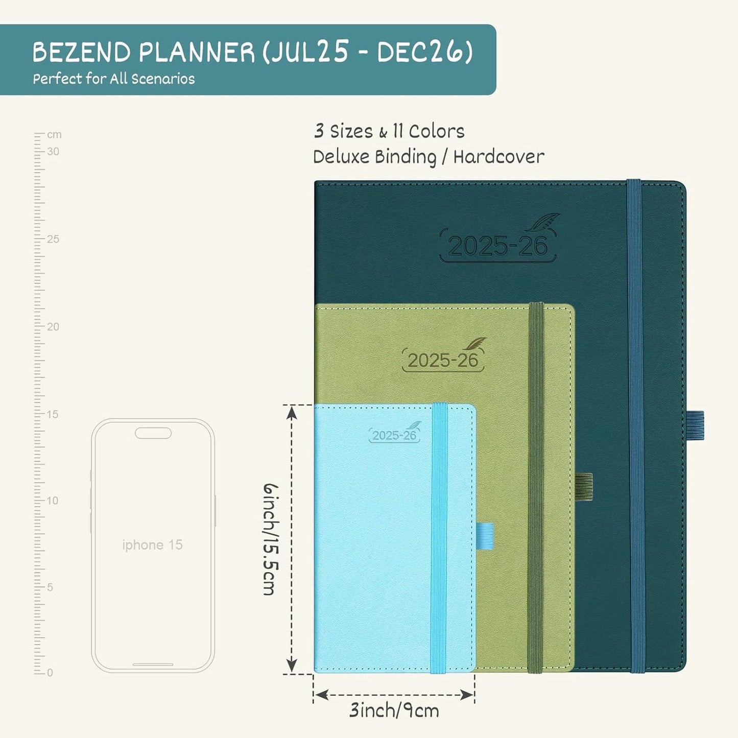 BEZEND Pocket Planner 2025-2026 Weekly and Monthly, 3.5" x 6" Academic Planner (Jul 25-Dec 26) 18-Month Mid-Year Calendar Book, Storage Pocket, Pen Holder, PU Leather Hardcover - Turquoise