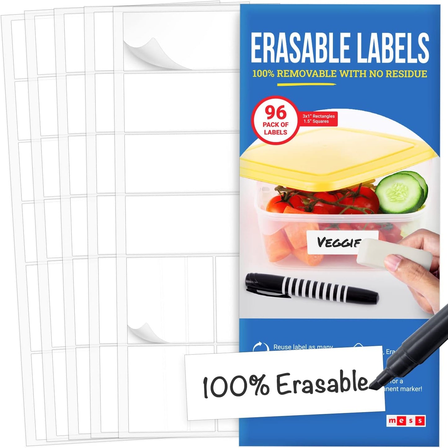 MESS Erasable Kitchen Labels, 96-Pack (1x3 & 1.5") – White Dry Erase Stickers for Pantry, Jars, Food Containers, Fridge & Freezer