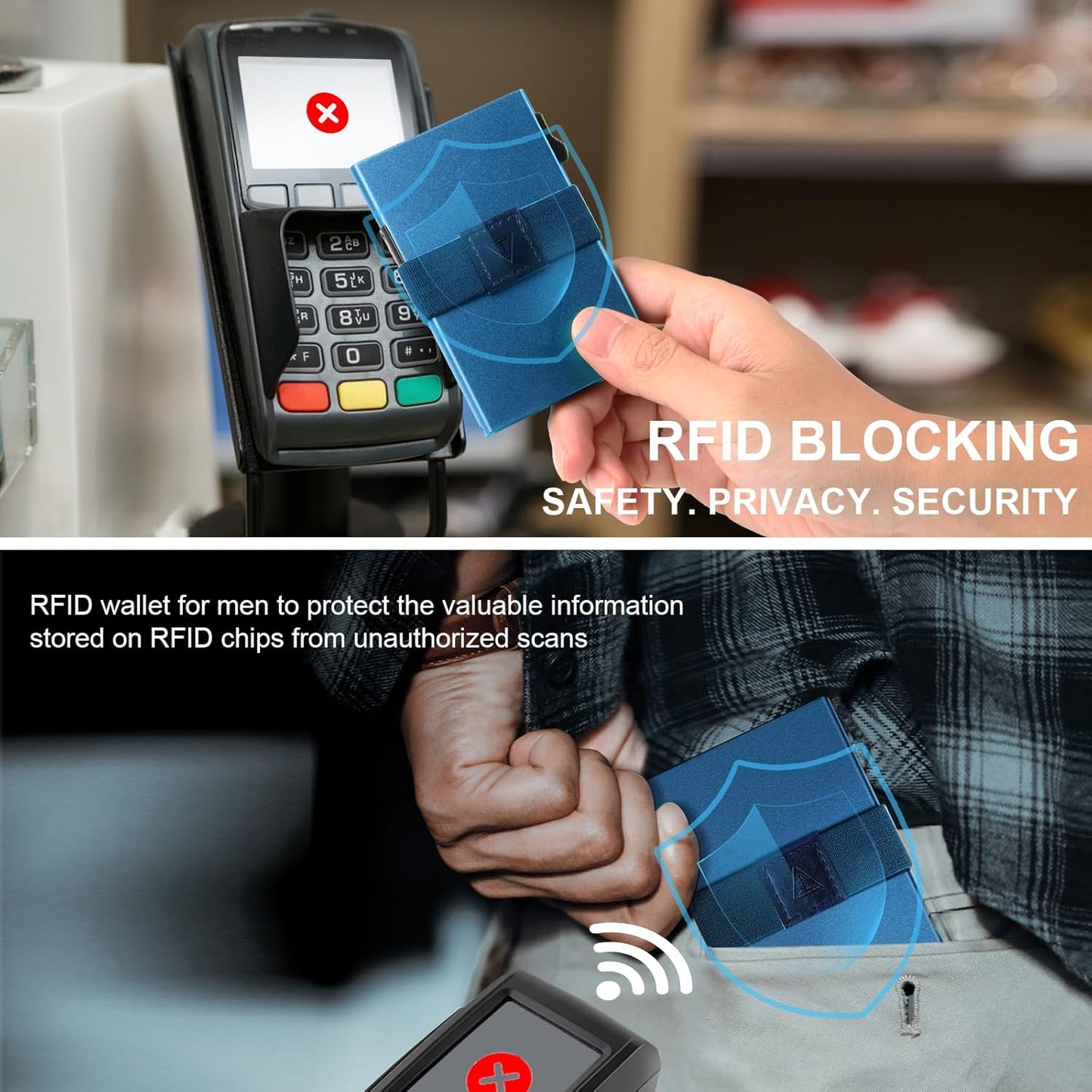 Slim Wallet for Men, Minimalist Pop Up Wallet, Metal Wallet, RFID Blocking Mens Wallets with Expandable Backplate & Cash Band, Holds 12+ Cards Plus Cash, Navy Blue