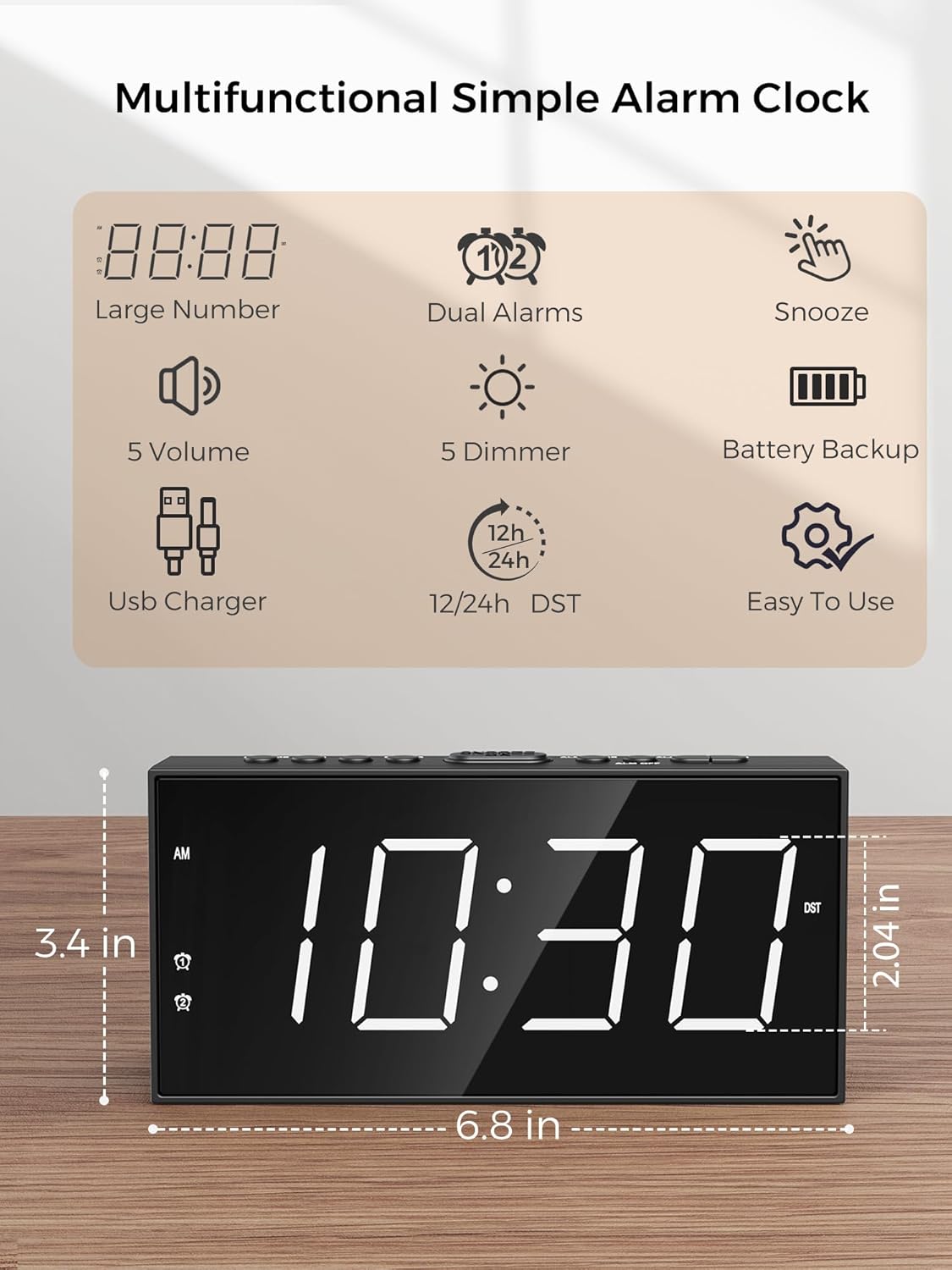 Alarm Clock for Bedroom, 2 Alarms Loud LED Big Display Plug in Simple Basic Digital Clock with USB Charging Port, Adjustable Volume, Dimmable, Snooze for Deep Sleepers Kids Elderly Home Office