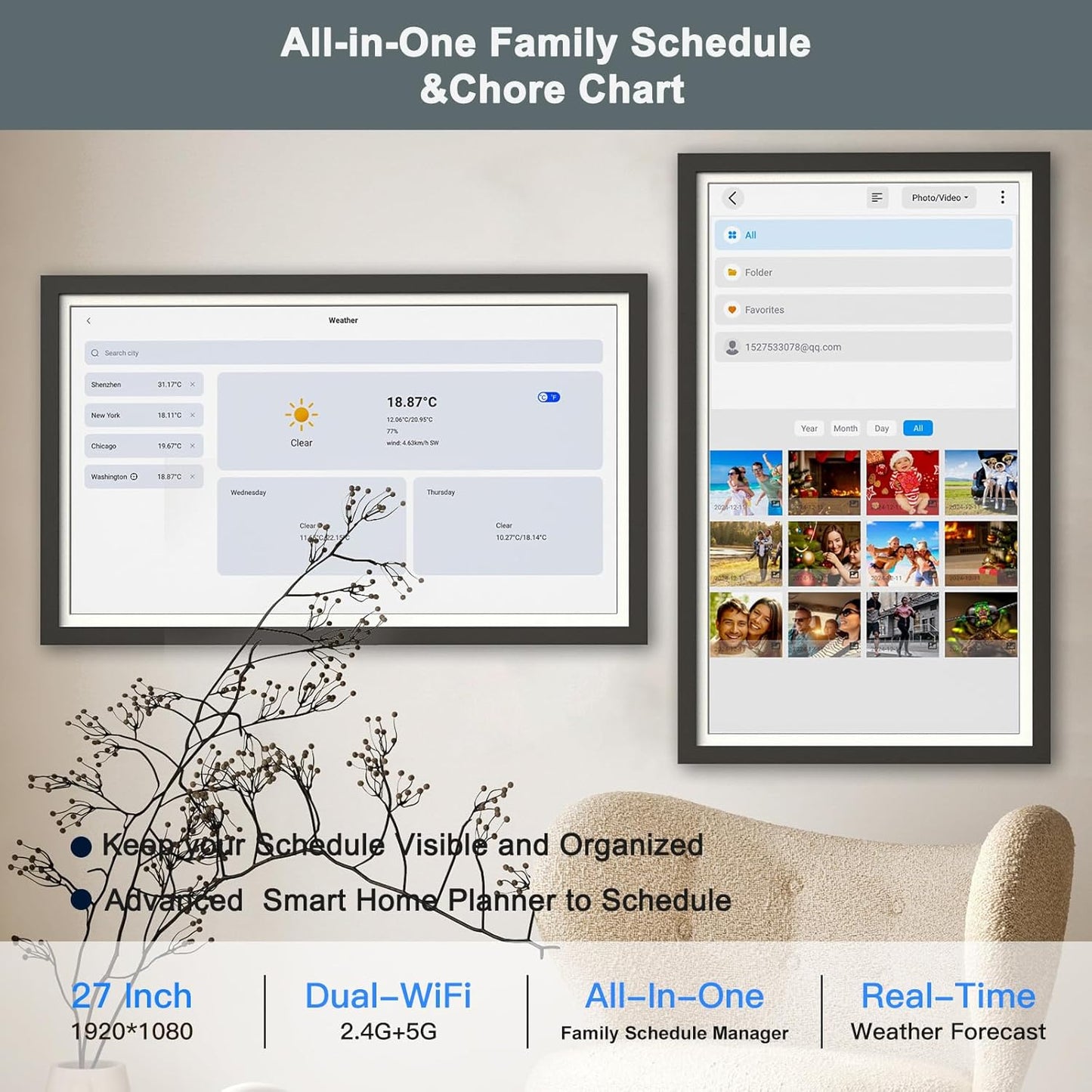 Smart Digital Calendar Chore-Chart-for-Business Planner - 27" Touchscreen Interactive Display Electronic Calendar for To Do List, Auto-Sync Google iCloud Outlook Calendars, Wall Mountable for Mom Dad