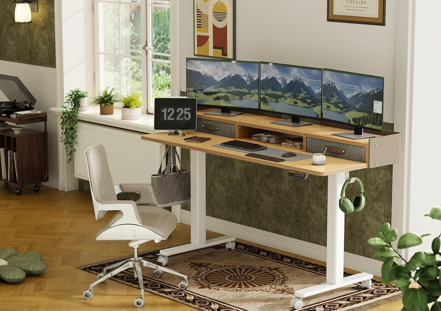 YDN Standing Desk with Drawers, 59 Inch Standing Desk Adjustable Height, Adjustable Electric Stand Up with Storage and Shelf, Natural