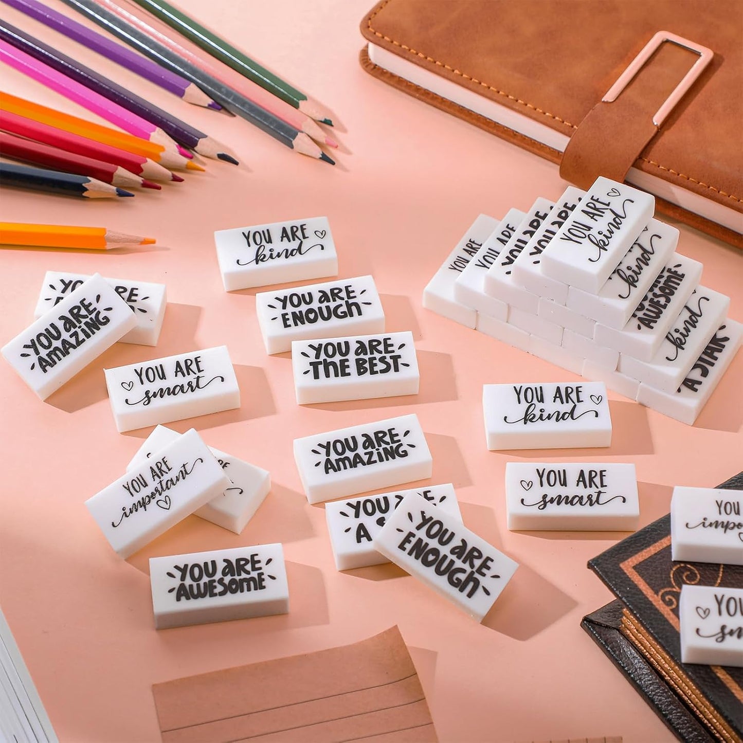 PerKoop 50 Pcs Back to School Inspirational Small Pencil Erasers Bulk for Kids, White Cute Fun Motivational Erasers Gifts for Teachers Students Classroom Reward First Day of School Supplies