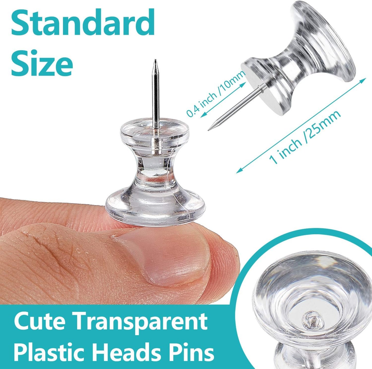 Outus 100 Pcs Giant Push Pins Large Thumb Tacks Plastic Heads 1 Inch Jumbo Push Pins for Cork Board Map Posters Office School(Clear)