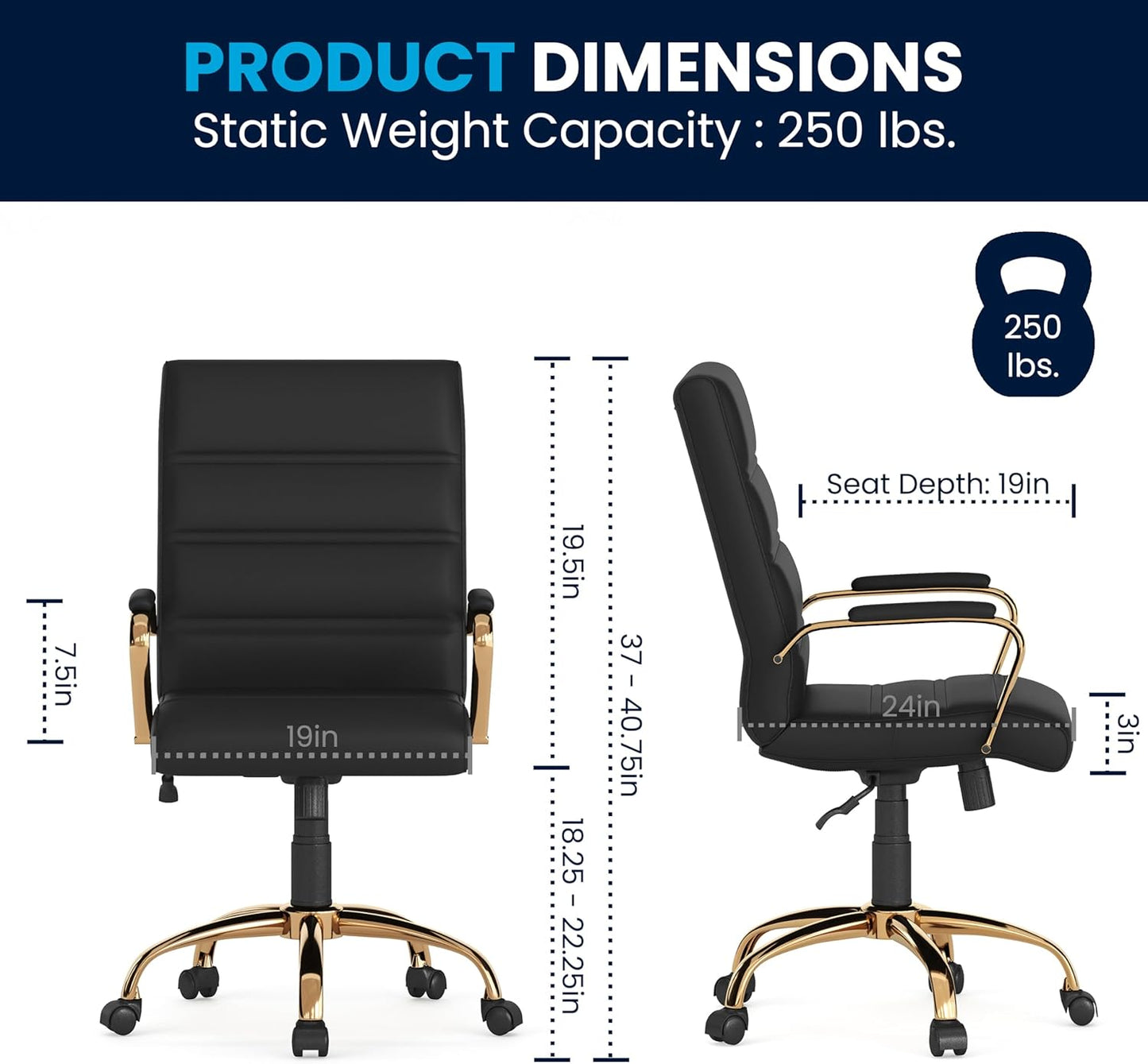Flash Furniture Whitney Mid-Back Swivel LeatherSoft Desk Chair with Wheels, Padded Seat and Armrests, Adjustable Height Padded Office Chair, Black