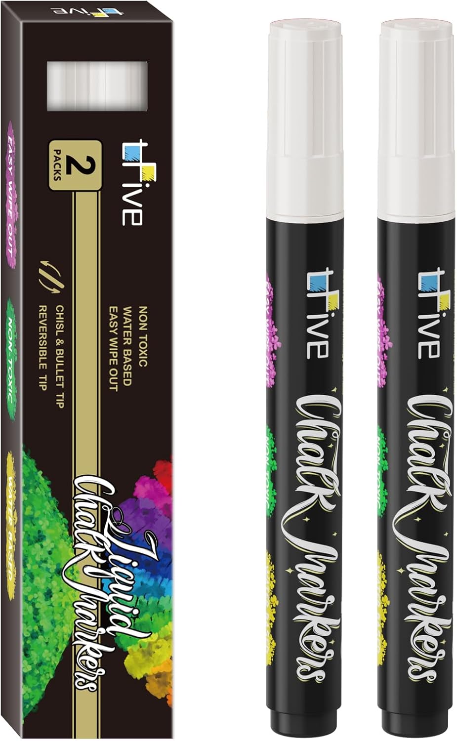 TFIVE White Liquid Chalk Markers - 2 Pack Bright Colors Erasable Chalk Marker Pens, Reversible Tip, Non-Toxic, for Chalkboards, Signs, Glass, Easy to use Chalk markers TF800