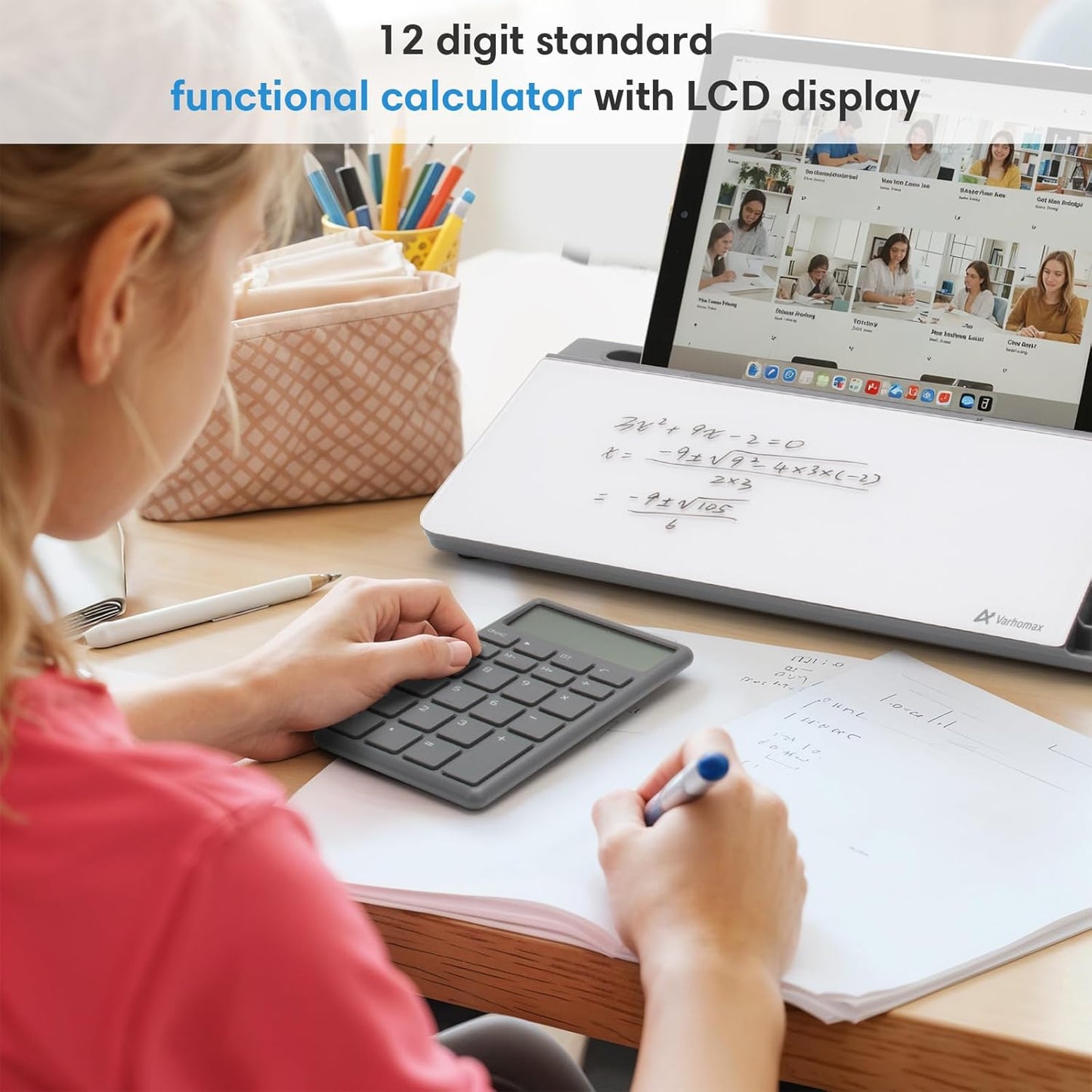 Varhomax Glass Desk Whiteboard with Calculator, Desktop Dry Erase White Board with Storage, to Do List Memo Notepad for Home and Office