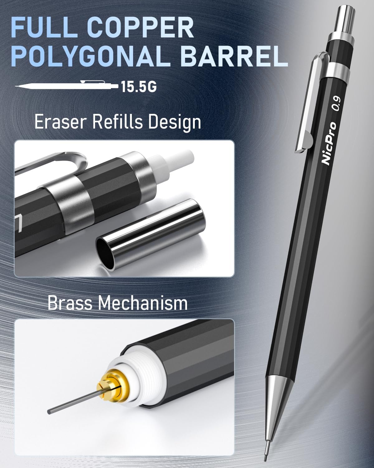 Nicpro 6 PCS Art Mechanical Pencil Set, Black Metal Drafting Pencil 0.3, 0.5, 0.7, 0.9 mm & 2PCS 2mm Graphite Lead Holder(4B 2B HB 2H) For Writing Sketching Drawing With 8 Lead Refills Eraser Case