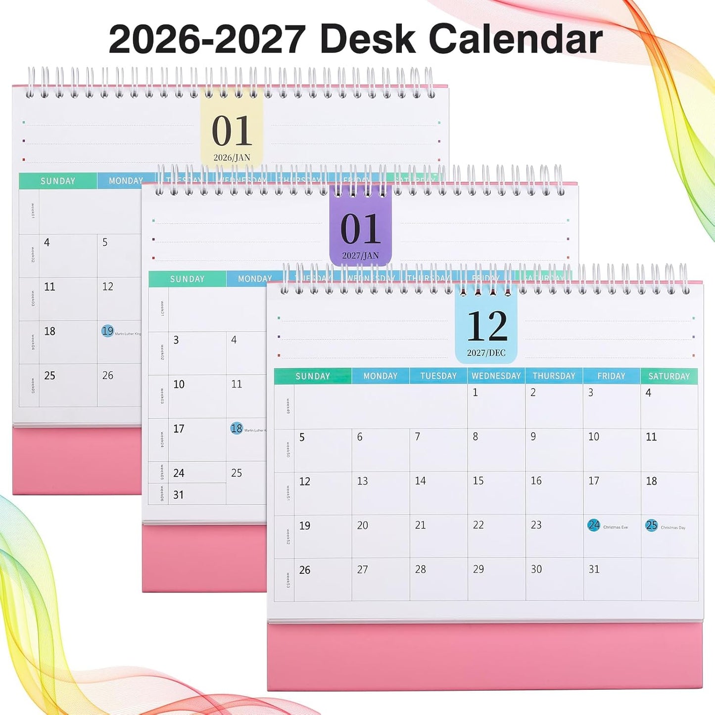 Desk Calendar 2026-2027, 2 Years Calendar Runs from Jan. 2026 until Dec 2027, Table Monthly Planner with Stickers for Home,Office,School Organization(L-Pink+Green,9.8" x 9.6")