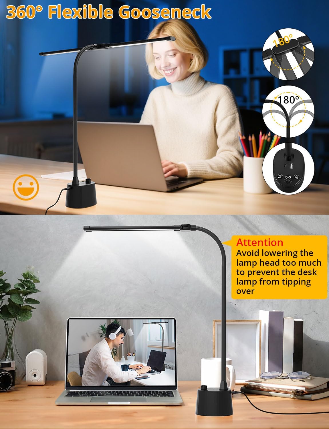 Desk Lamp with Dual Head & 10W Smart Dual USB Charging Port 5 Color Modes Dimmable Reading Light 2600 Lumens 12W Table Lamp for Bedside Office, Adapter Include