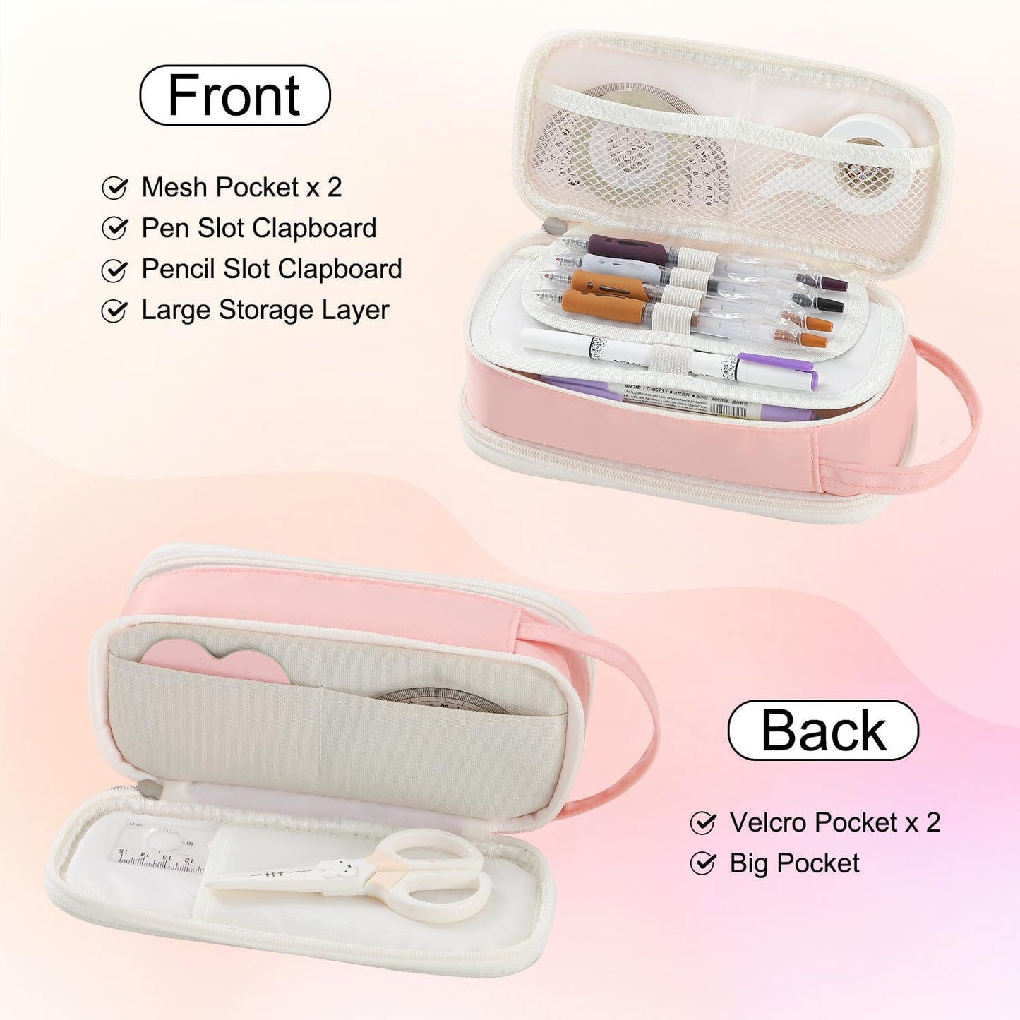 Pencil Case Large Zipper Pencil Pouch for Girls Kids Teens Adults Aesthetic Pencil Bag Stationery Organizer Pencil Case with Handle for School Pink