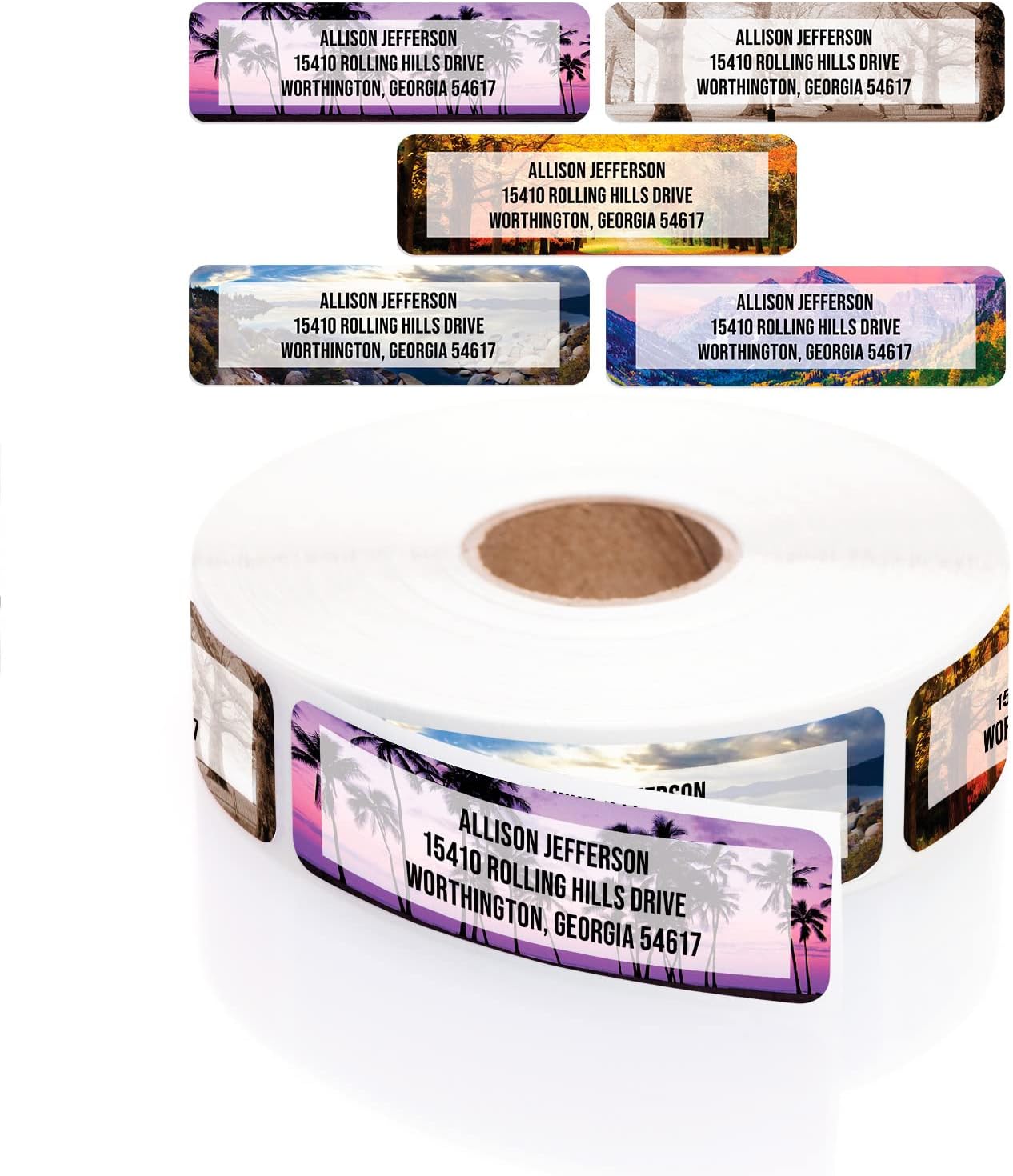 Breathtaking Landscape Rolled Address Labels / 500 Personalized Return Address Labels/Designer Address Stickers in Elegant Plastic Dispenser