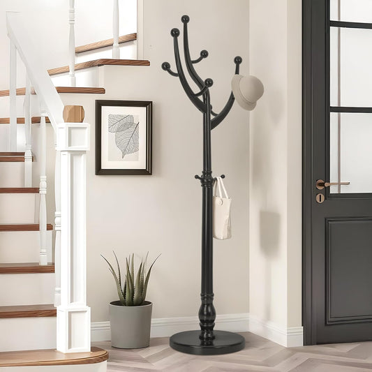 Wood Coat Rack Coat Tree Freestanding with Hooks, Heavy Duty Standing Coat Rack with Solid Round Base, 74” Tree Shaped Coat Hanger Stand for Clothes, Hat, Jacket, Entryway Bedroom, Balck