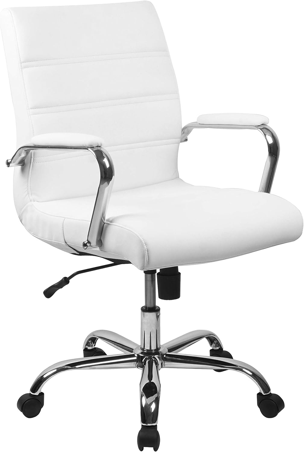 Flash Furniture Whitney Mid-Back Swivel LeatherSoft Desk Chair with Padded Seat and Armrests, Adjustable Height Padded Office Chair, White/Chrome