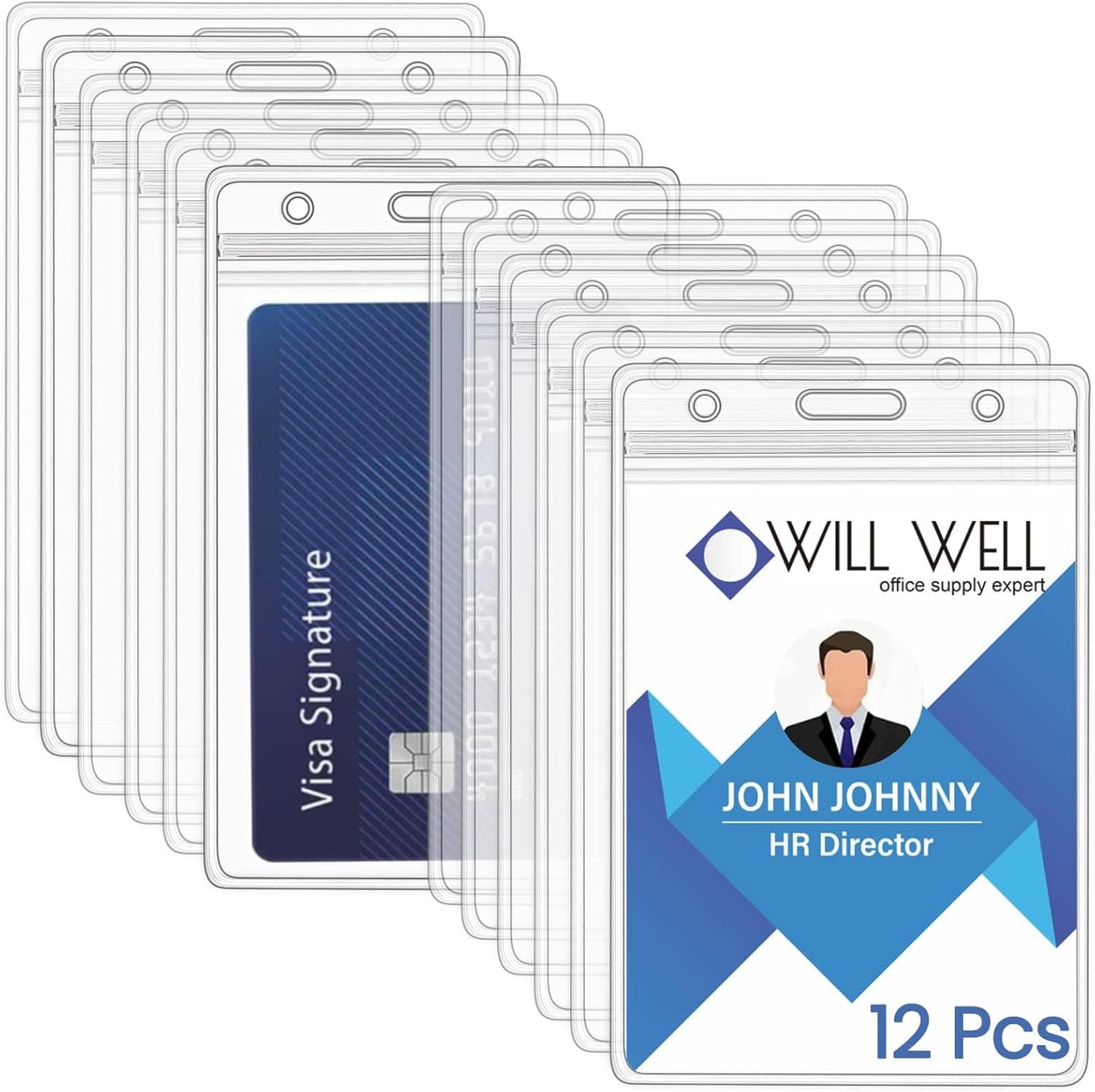 Will Well ID Badge Holders with Holes for Lanyards and Keyrings - Vertical Clear Plastic 2.6" x 3.7" Inner Size Sleeves Fit Up to 3 Cards, 0.8mm Thick Waterproof Resealable Zip Type - 12-Pack