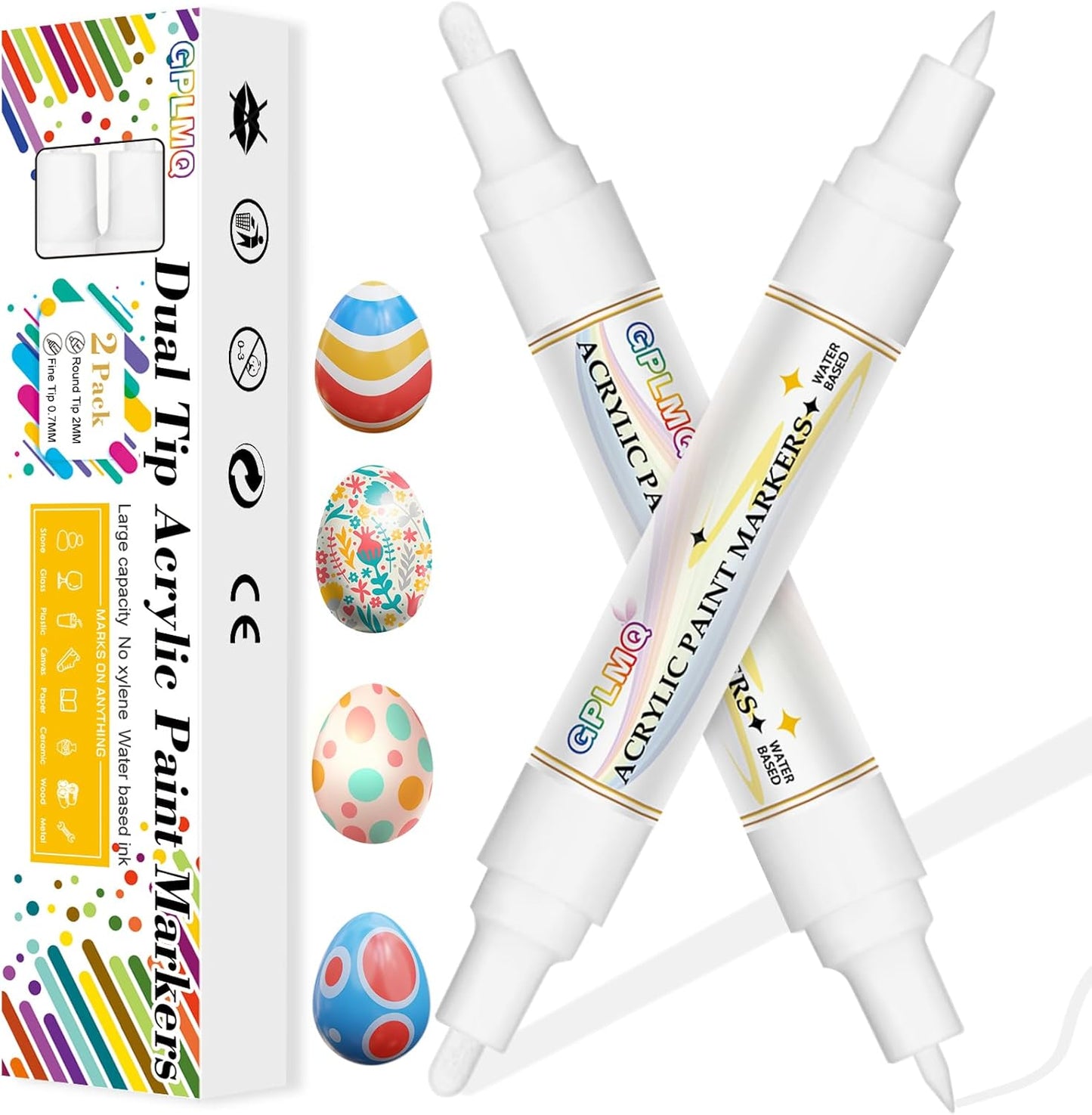 Paint Markers Paint Pens - 2 Pack Dual Tip Acrylic Permanent Marker (0.7mm & 3mm), Non-Toxic, Water-Based for Art Painting, Stone, Ceramic, Glass, Wood, Fabric, Metal, DIY Crafts (White)