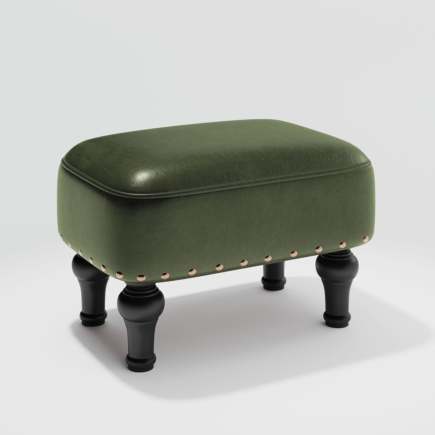 Ottoman Leather Foot Rest with Thicker Foam Padded Seat, Footstool with Wooden Legs (Green)