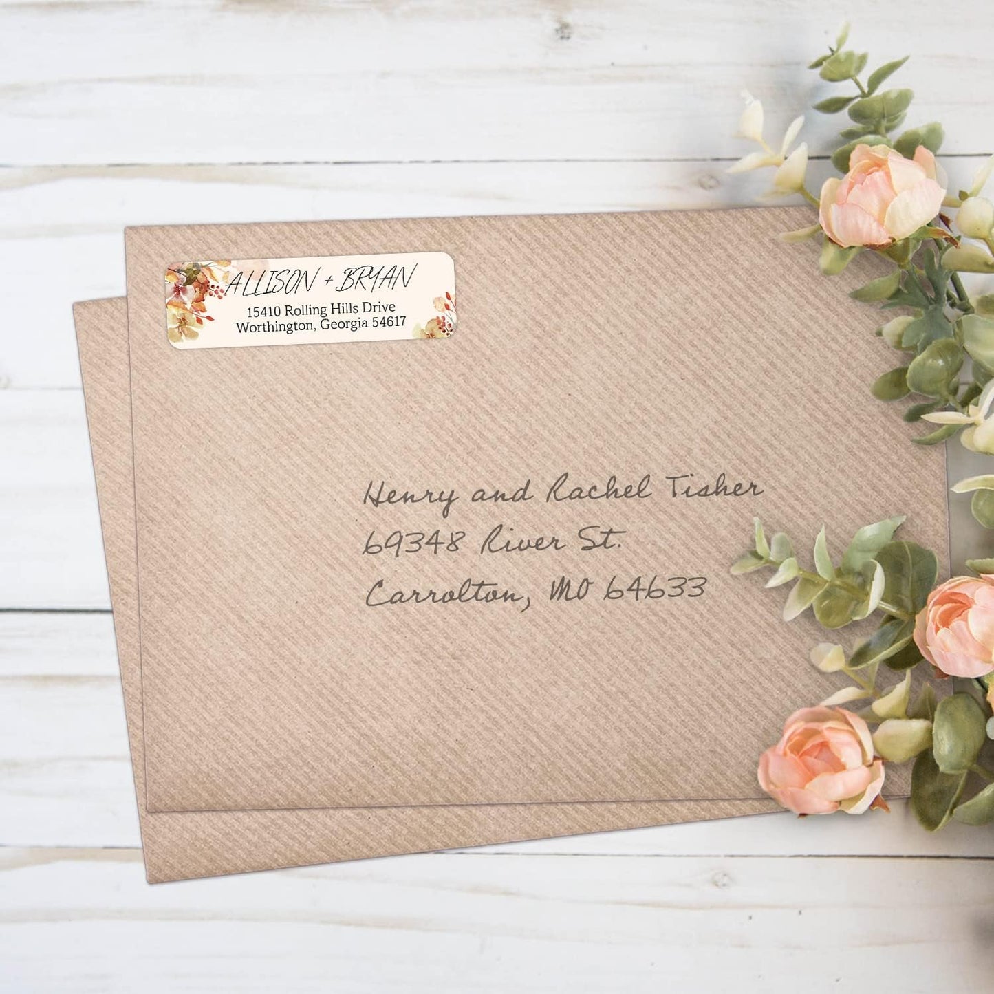 Rust Orange Floral Rolled Address Labels / 250 Personalized Return Address Labels/Designer Address Stickers in Elegant Plastic Dispenser