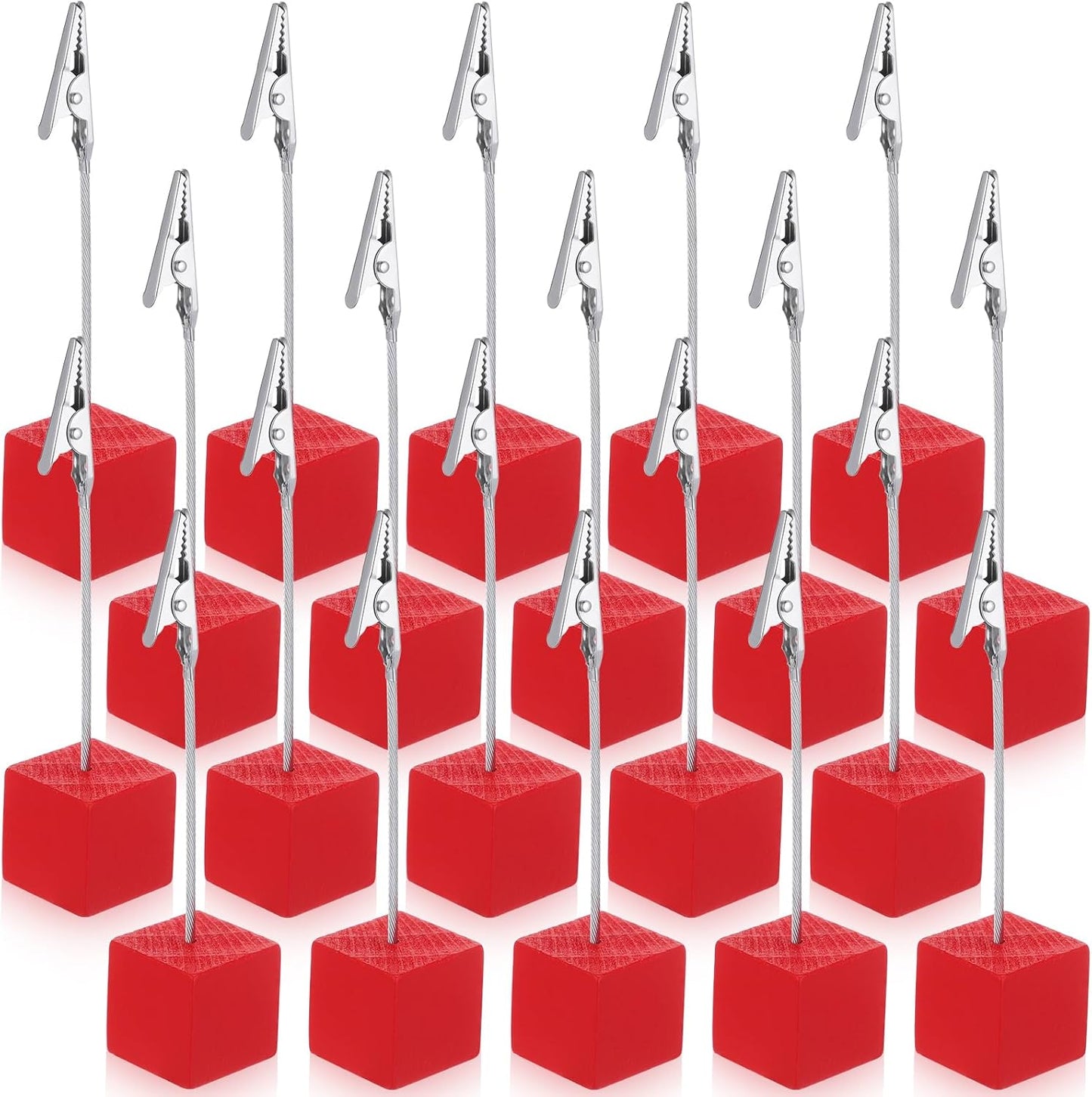 20 Pcs Cube Base Memo Clip Holder with Alligator Clip Wood Table Number Holder Cube Base Place Card Stand Mini Photo Menu Stand for Displaying Number Card(Red)