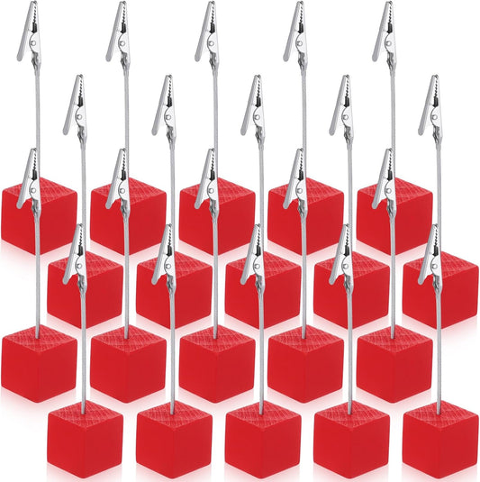 20 Pcs Cube Base Memo Clip Holder with Alligator Clip Wood Table Number Holder Cube Base Place Card Stand Mini Photo Menu Stand for Displaying Number Card(Red)