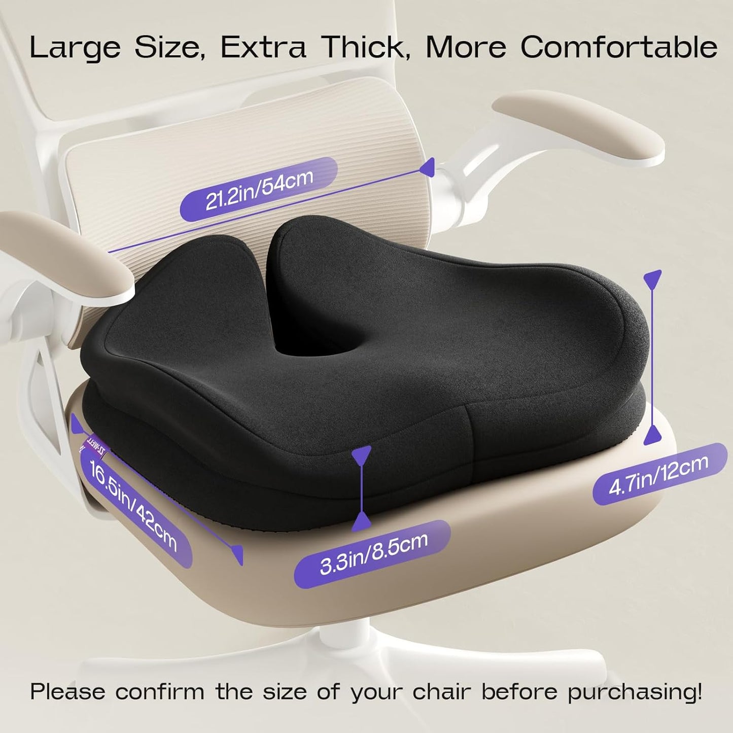 Seat Cushions for Office Chairs - Patented Coccyx Cushion for Tailbone Pain - 21.2" W x 16.5" L Extra Large Memory Foam Seat Cushion with Removable Cover