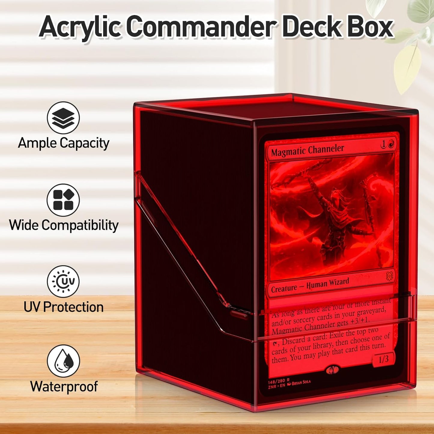 Mlikero Card Deck Cases, Acrylic Commander Deck Box Holding 100+ Sleeved Cards with Dividers, Clear Card Storage Box Fit for MTG, TCG, Sports Cards (Red)