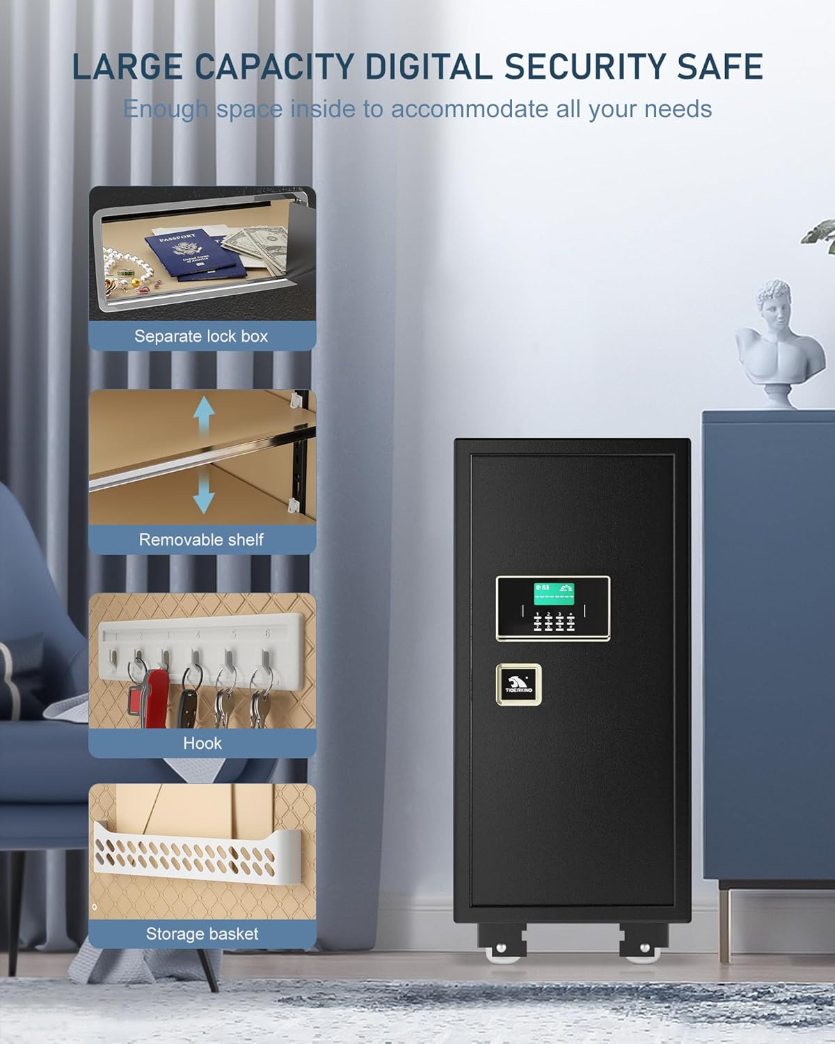 【𝐔𝐒 𝐒𝐓𝐎𝐂𝐊】TIGERKING 5.9 Cu.ft Extra Large Heavy Duty Safe Box, Big Home Safe with Double Safety Key Lock and Separate Lock Box, Digital safe with 2 Removable Shelf for Home Hotel Office, Black