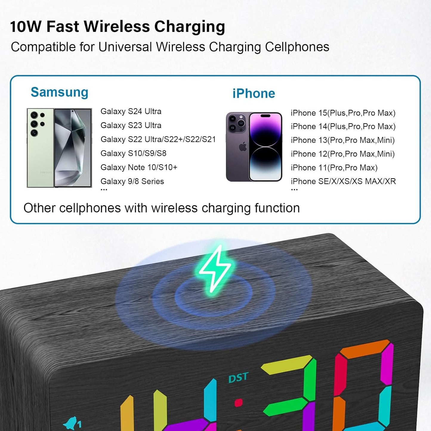 Wooden Digital Alarm Clock with Fast Wireless Charger, Dual USB Charging Ports, DST, Dimmable, Snooze, RGB Large Number Display LED Clock for Bedrooms, Living Room, Desk, Table, Bedside(Black)