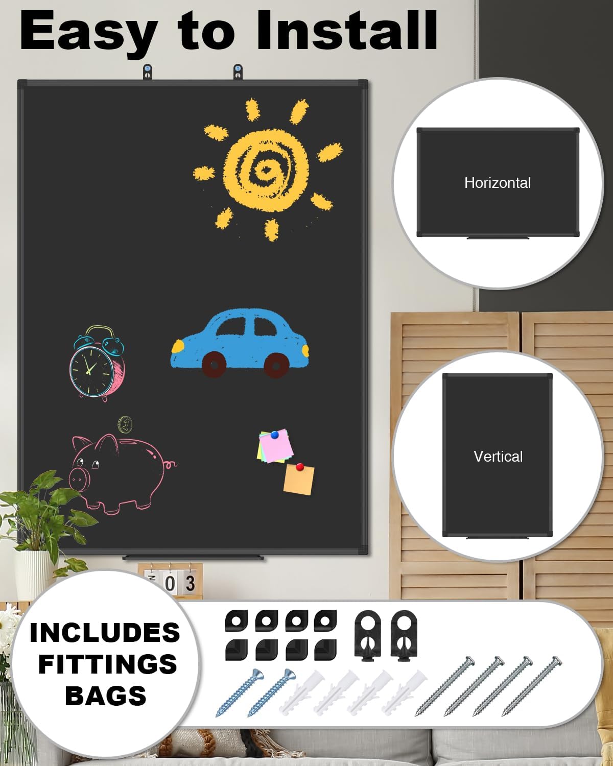 XBoard Magnetic Chalkboard Blackboard 48 x 36, Chalk Board/Black Board with 2 Magnets, Black Aluminium Frame