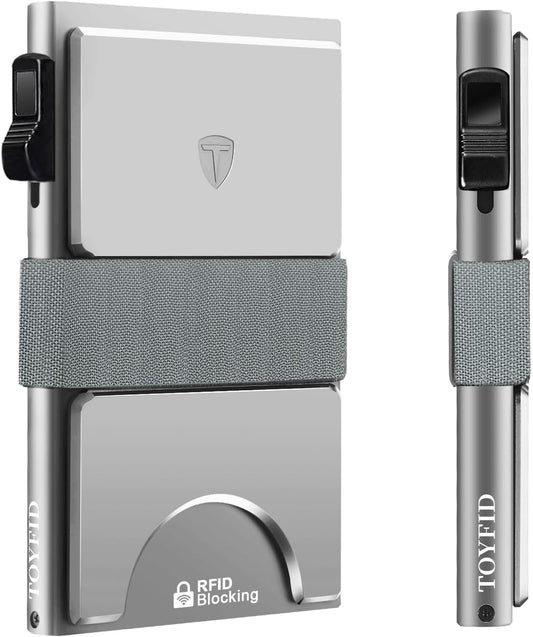 Slim Card Holder for Men&Women Compact Metal Front Pocket Wallets Pop Up Quick Access Credit Cards Holder with RFID Blocking Expandable Backplate&Money Band,Holds 12+ Cards,Silver