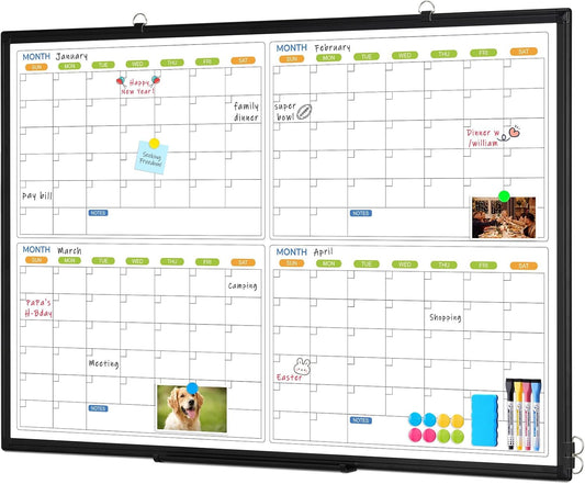 Dry Erase Calendar for Wall 4 Month, WALGLASS 48" x 36" Large Double-Sided White Board Calendar, Dry Erase Monthly Planner, Black Aluminum Frame Hanging Wall Mounted Whiteboard for Office Home School