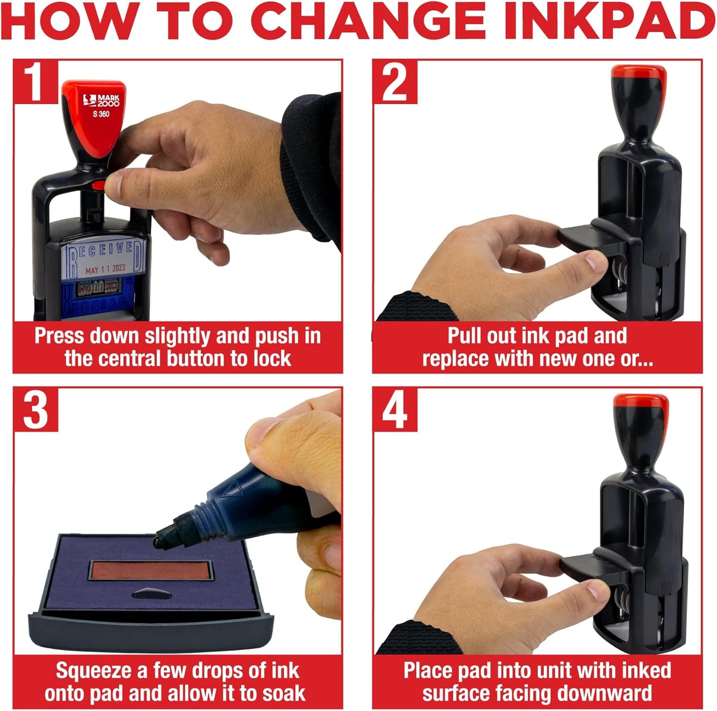 Self-Inking Rubber Date Office Stamp with Posted Phrase - Blue Ink & Date Red Ink - 12-Year Band