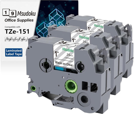 Tze 151 Tz151 24mm 1 inch Laminated Clear Compatible for Brother P Touch Label Maker Tape TZe-151 TZe151 Label Tape for PTD600 PTD610BT PTP710BT PTD400 PT-P700, Black on Clear, 3-Pack
