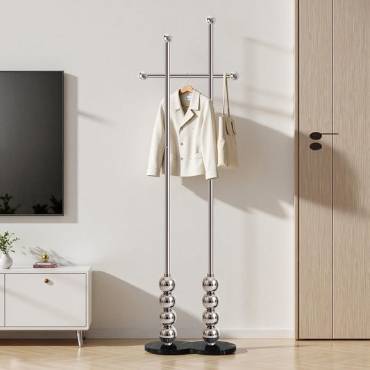 Metal Freestanding Coat Rack with Stainless Steel Double Rods & Marble Base, Hanging Clothes Rack for Entryway, Hallway, Bedroom, Living Room, Sliver