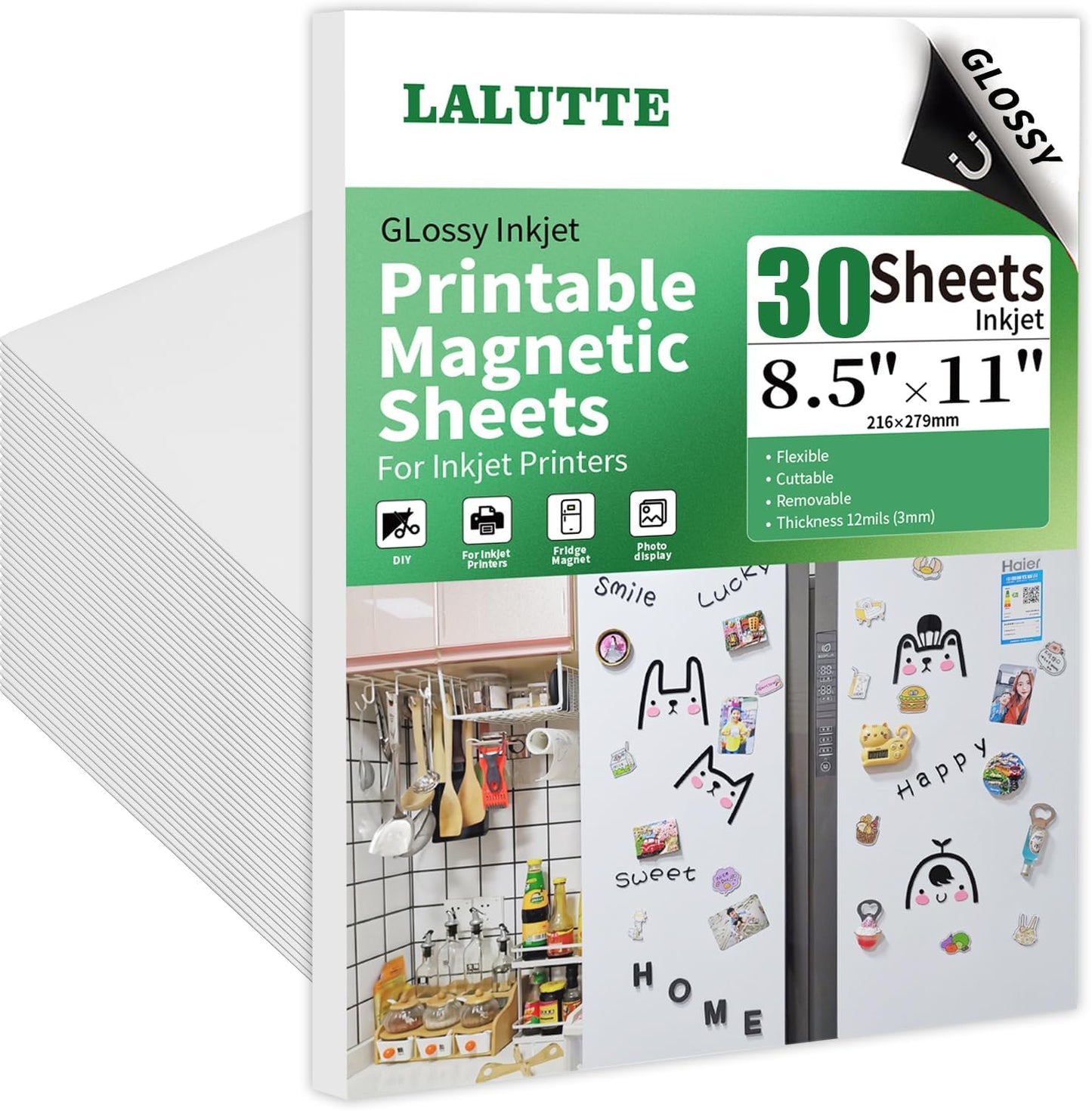 30 Sheets 8.5x11 Inches Printable Magnetic Sheets for Inkjet Printers, Glossy White Magnetic Print Paper, 12mil Thickness, Flexible Magnet Photo Paper for Refrigerator DIY Crafts