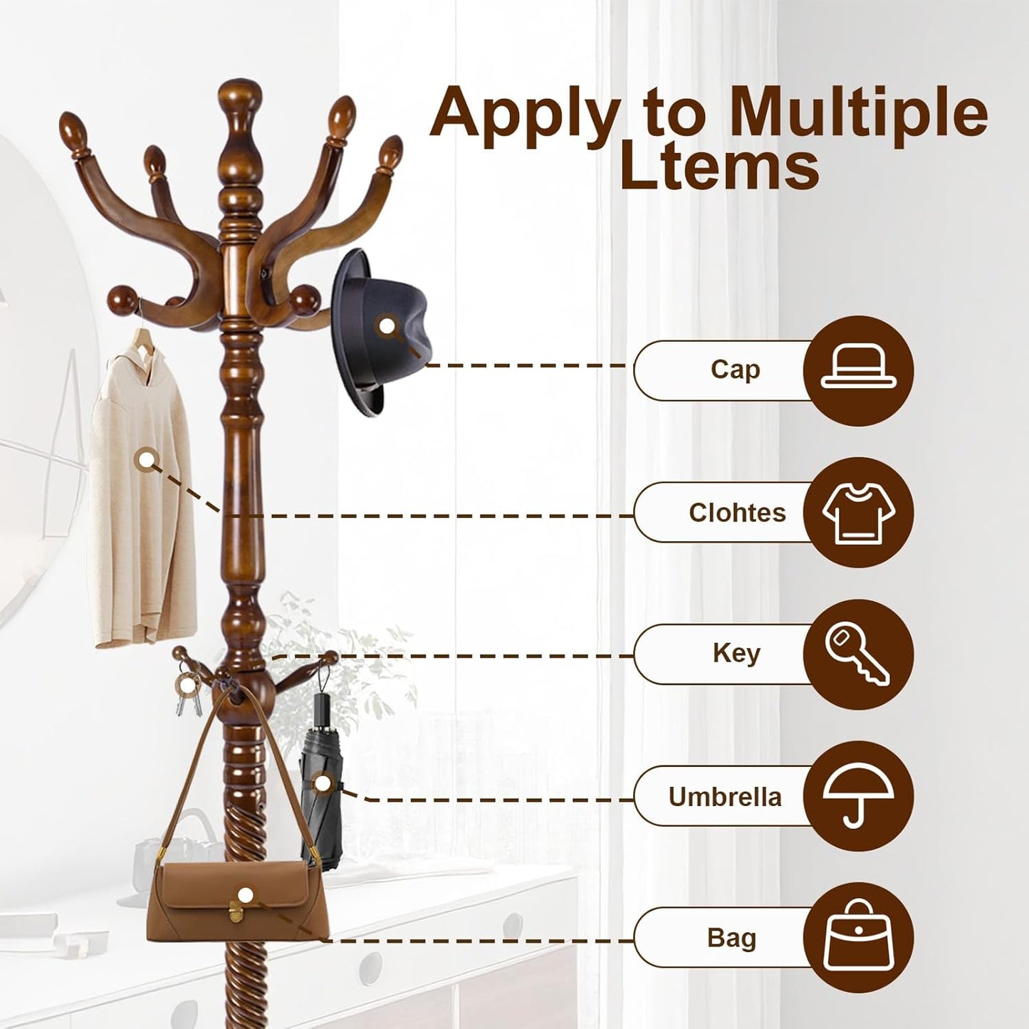 Solid Wood Coat Stand, Freestanding with Stable Base, 70" Birch Coat Tree Organizer for Home, Bedroom, Office, Hallway & Entryway with 11 Hooks