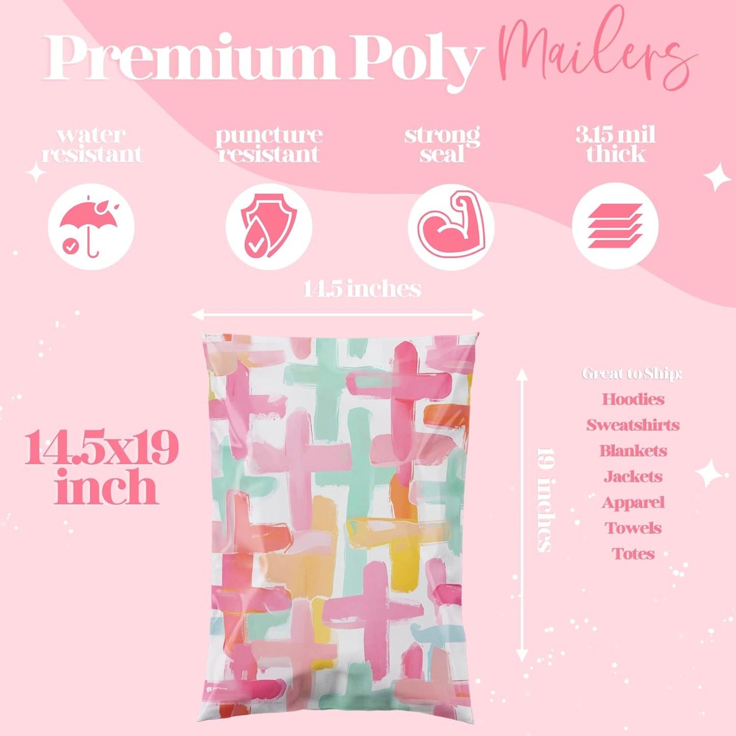 14.5x19 Designer Poly Mailer 100 Pack Heavy Duty Waterproof Self Seal Shipping Bags for Small Business Large Mailing Envelopes Bulk Tear Resistant Packaging Pastel Crosses Faith