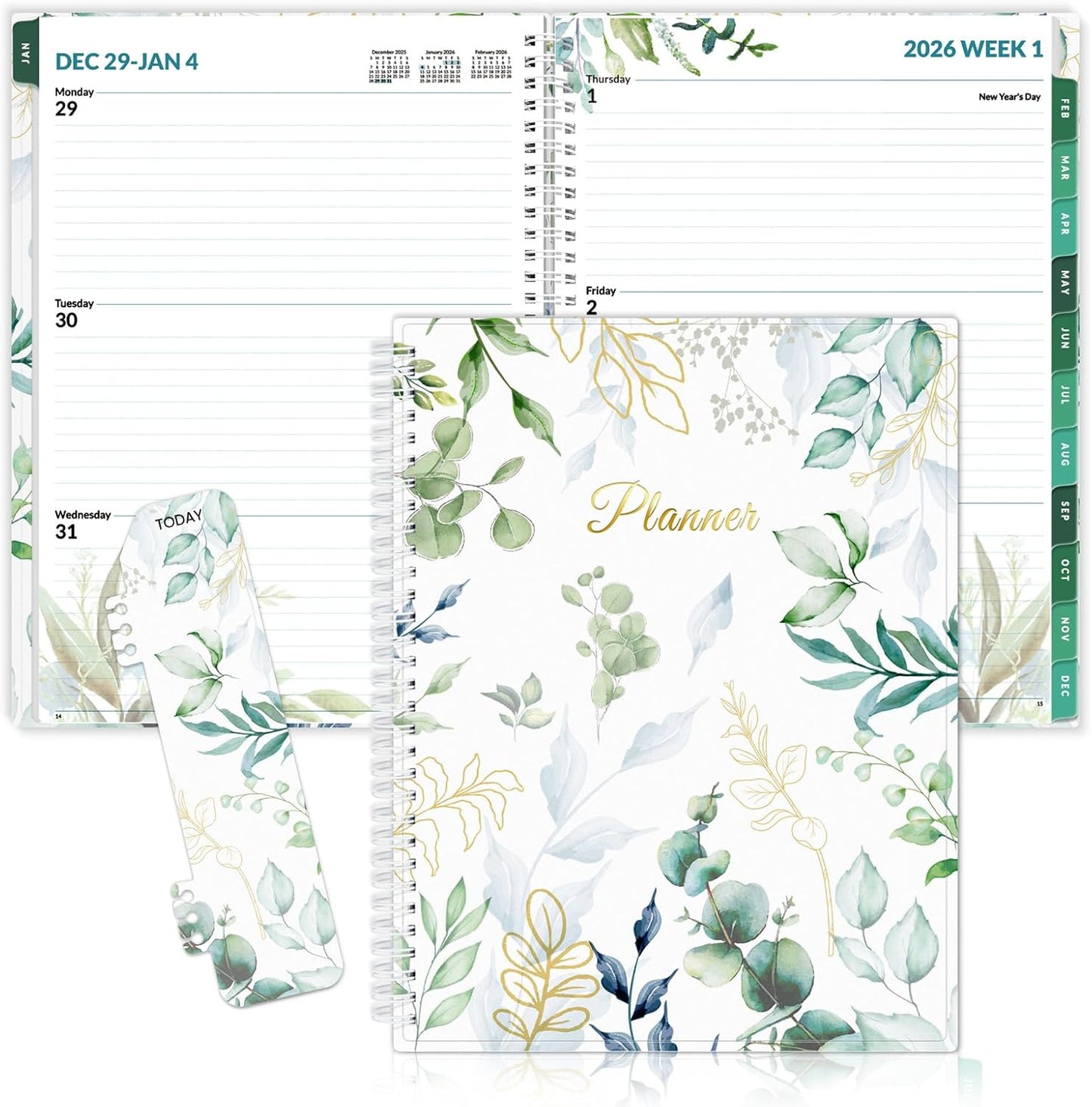 SUNEE 2026 Weekly and Monthly Planner - from January 2026 - December 2026, 8.5"x11" Daily Agenda Planner with Monthly Tab, Flexible Cover, Note Pages, Pockets, Bookmark, Spiral Binding, Eucalyptus