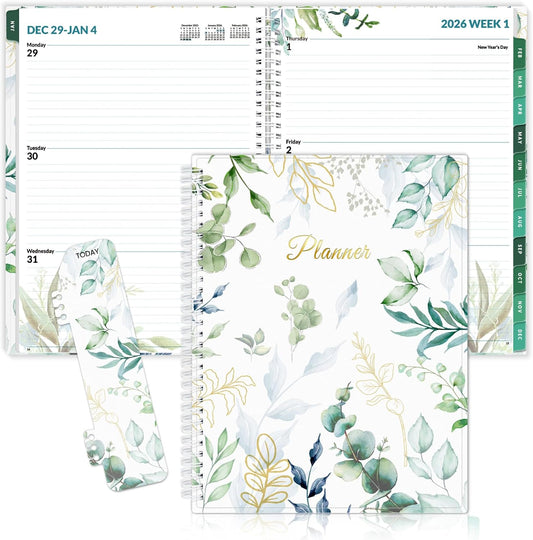 SUNEE 2026 Weekly and Monthly Planner - from January 2026 - December 2026, 8.5"x11" Daily Agenda Planner with Monthly Tab, Flexible Cover, Note Pages, Pockets, Bookmark, Spiral Binding, Eucalyptus