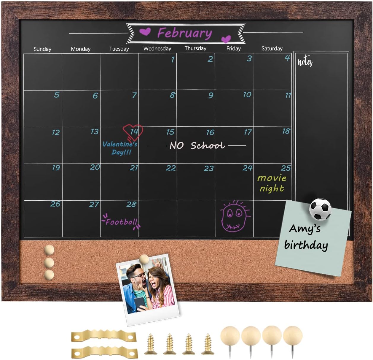 TORASO Magnetic Chalkboard Calendar Corkboard, Small Combination Chalk Board Bulletin Board, 13" x 17",Walnut Brown Framed Blackboard Calendar Cork Combo Board(ZHHB-BN-3343)