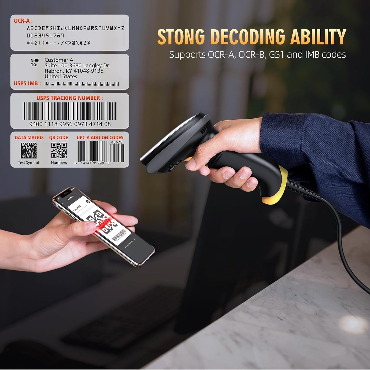 TEEMI 2D Barcode Scanner USB Wired Virtual COM Handheld Automatic QR Data Matrix PDF417 Maxi IMB bar Codes Imager Global Shutter Computer Screen Scan for Windows Mac and Linux PC POS, No Stand