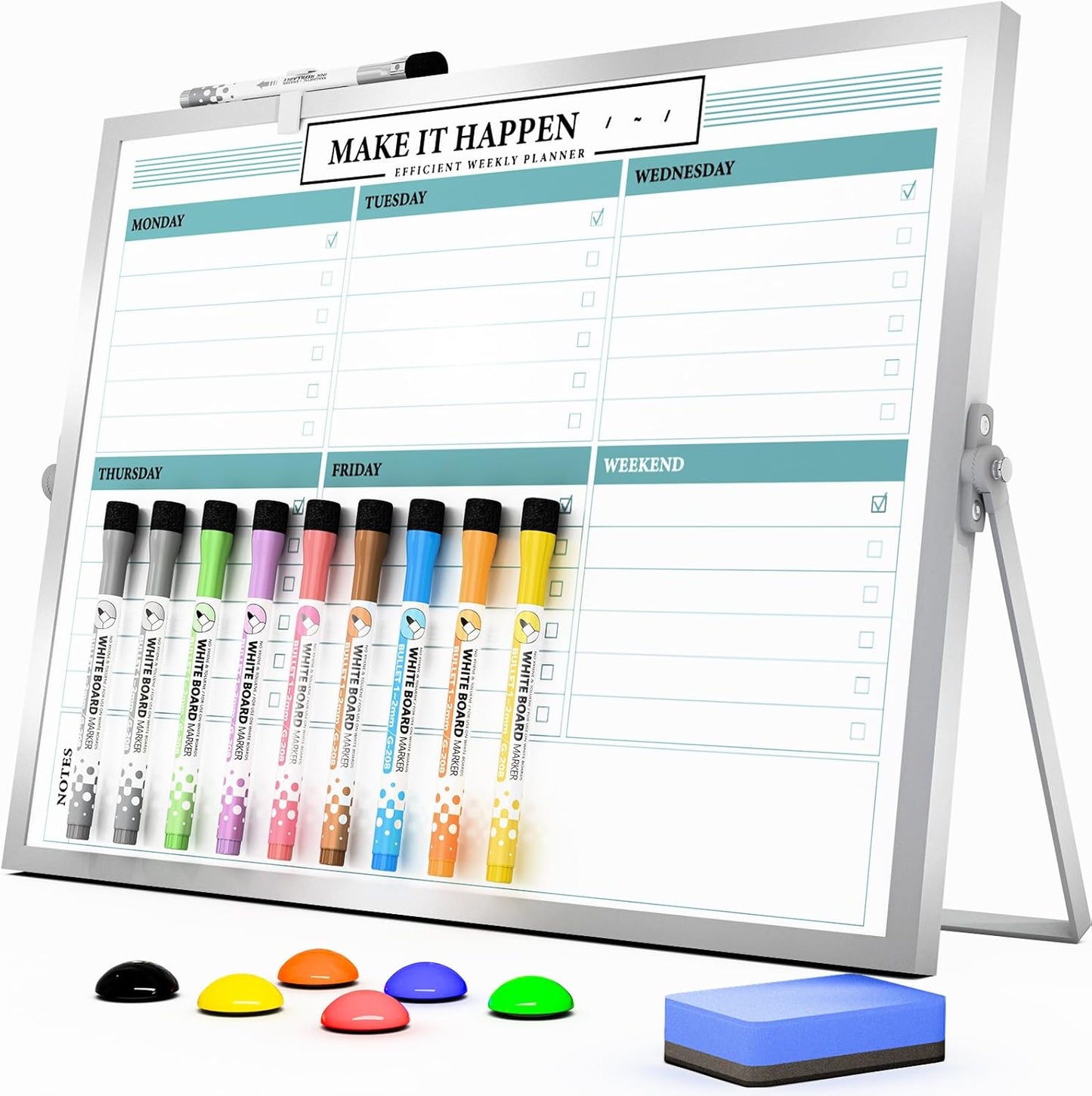 Dry Erase White Board with Stand,Double-Sided Weekly Whiteboard 12"x16",10 Markers,6 Magnets,1 Eraser,Portable Desktop Whiteboard for Planning,Weekly Schedule Board for School for Office