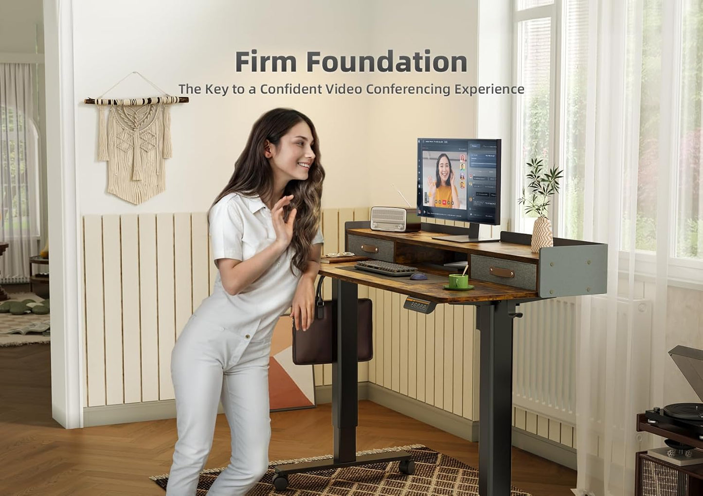 YDN Standing Desk with Drawers, 55 Inch Standing Desk Adjustable Height, Adjustable Electric Stand Up Sit Stand Small Desks with Storage and Shelf, Rustic Brown